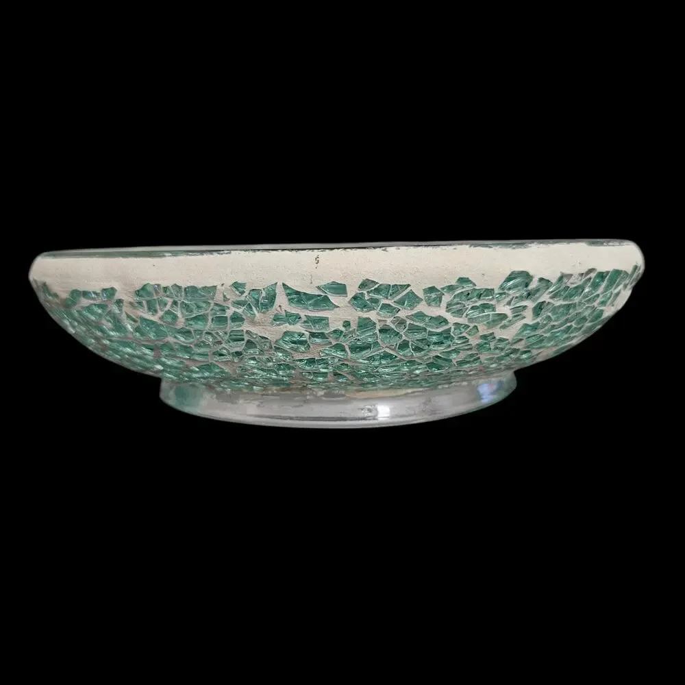 Vintage Green Crackle Mosaic Art Glass Oval Console Bowl Centerpiece